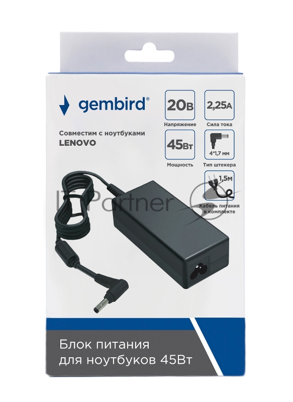 Блок питания Gembird для ноутбуков Lenovo NPA-AC30, 20В/2.25А, 45Вт, штекер 4х1,7мм