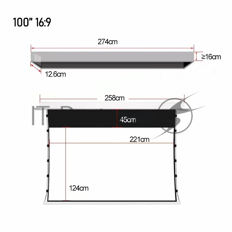 Экран для проектора S'OK SCPSMC-221X125ED45GF для встраивания в потолок моторизованный 100'' с боковым натяжением, полотно Grey Fiberglass, экстрадроп 45см