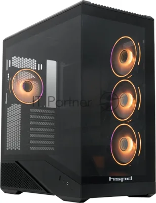Компьютерный корпус без блока питания HSPD F711-TGbK-ARGB, Panoramic Full Tower, черный, TG, 0.7 SPCC, 4x120мм ARGB ATX, mATX, mITX 190/420/280мм 2x2.5", 2x3.5", 7xPCI 1xUSB-A 3.0, 1xUSB-C 445x235x475мм