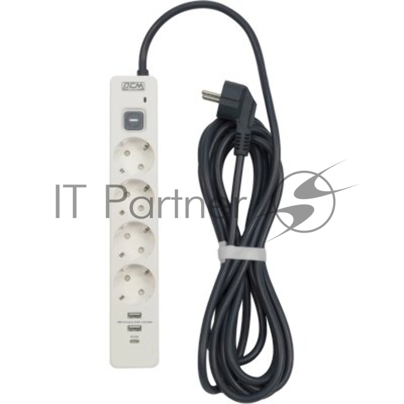 Сетевой фильтр Powercom SP-01 USB2A1CW 3,0М 3.0 м, 4 розетки, белый/серый, коробка