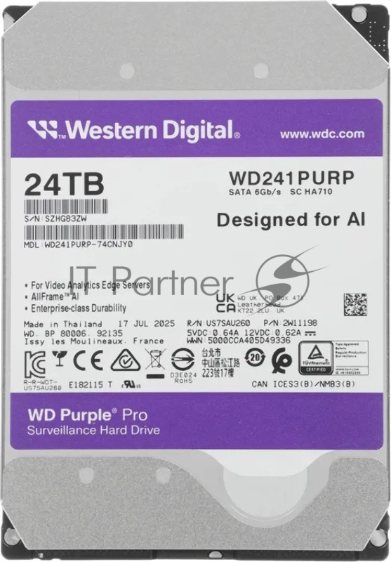 Жесткий диск HDD WD Purple Pro 24Tb 7200rpm SATA 512Mb 3.5"