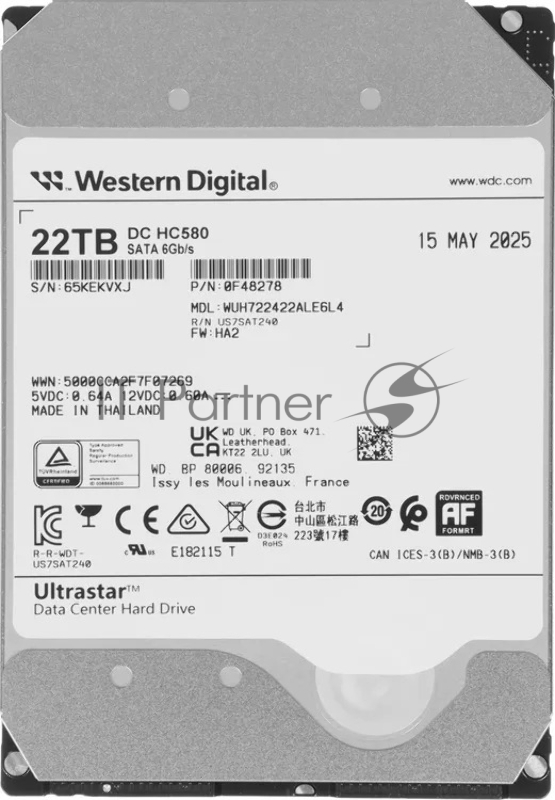 Жесткий диск серверный WD 22Tb 7200rpm Ultrastar DC 3.5" HC580 SATA 6Gb/s, 512MB, 512e/4Kn
