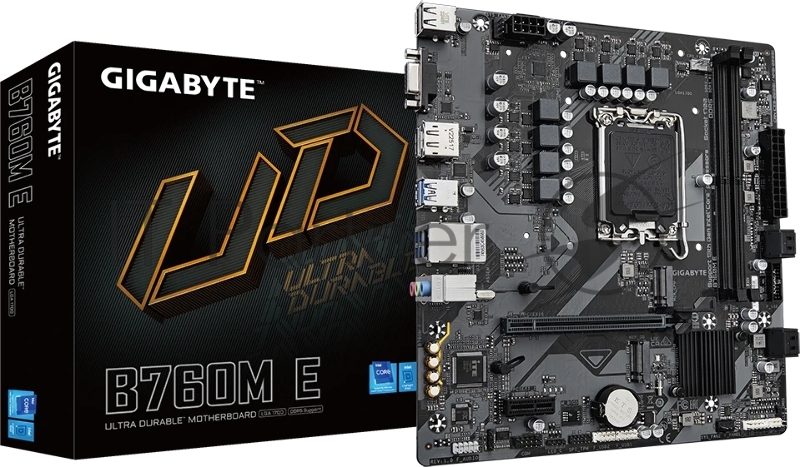 Материнская плата Gigabyte B760M E, LGA 1700, Intel B760, 2xDDR5, 4xSATA, 2xM.2, 1xPCIe 4.0 x16, 1xPCIe x1, 1xVGA, 1xHDMI, 1xDP, 1x1Gb LAN, 4xUSB-A 5Gbps, 2xUSB-A 2.0, 3x3.5 мм, 7.1, mATX