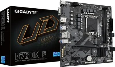 Материнская плата Gigabyte B760M E, LGA 1700, Intel B760, 2xDDR5, 4xSATA, 2xM.2, 1xPCIe 4.0 x16, 1xPCIe x1, 1xVGA, 1xHDMI, 1xDP, 1x1Gb LAN, 4xUSB-A 5Gbps, 2xUSB-A 2.0, 3x3.5 мм, 7.1, mATX