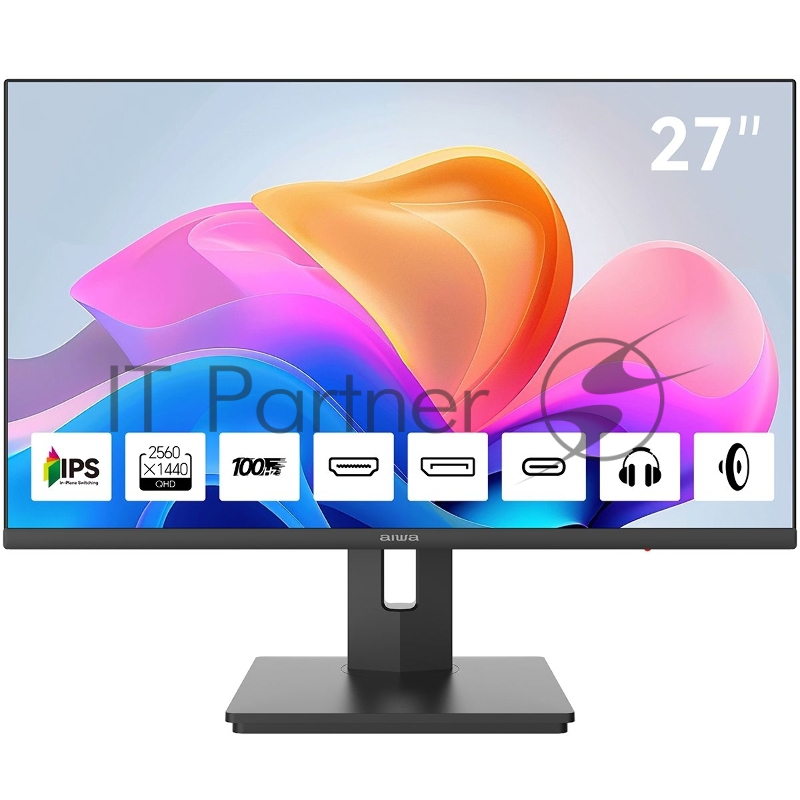 Монитор 27" Aiwa MQ275A IPS 2560x1440, 100 Гц, 4 мс, 16:9, 300 кд/м², HDMI 2.0, DP 1.2, USB-C (15 Вт), 3.5 Jack, динамики (2x3 Вт), FreeSync, G-Sync, черный