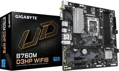 Материнская плата Gigabyte B760M D3HP WIFI6, LGA 1700, Intel B760, 4xDDR5, 4xSATA, 2xM.2, 1xPCIe 4.0 x16, 1xPCIe 4.0 x4, 1xHDMI, 1xDP, 1x2.5Gb LAN, Wi-Fi 6, Bluetooth 5.3, 1xUSB-C 10Gbps, 1xUSB-A 10Gbps, 4xUSB-A 5Gbps, 2xUSB-A 2.0, 1xPS/2, 3x3.5 мм, 7.1, mATX