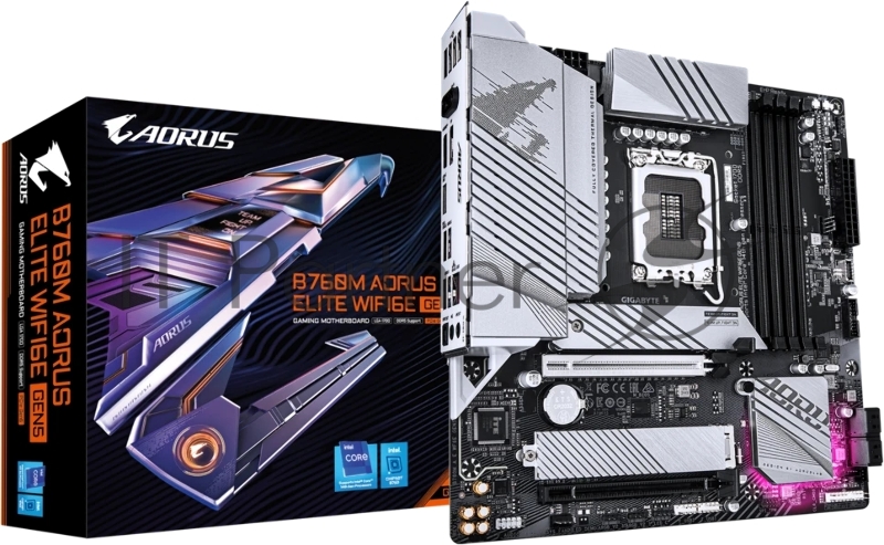 Материнская плата Gigabyte B760M AORUS ELITE WIFI6E GEN5, LGA 1700, Intel B760, 4xDDR5, 4xSATA, 2xM.2, 1xPCIe 5.0 x16, 1xPCIe 4.0 x16, 1xHDMI, 1xDP, 1x2.5Gb LAN, Wi-Fi 6E, Bluetooth 5.3, 1xUSB-C 20Gbps, 1xUSB-A 10Gbps, 3xUSB-A 5Gbps, 4xUSB-A 2.0, 3x3.5 мм + S/PDIF оптический, 7.1, mATX