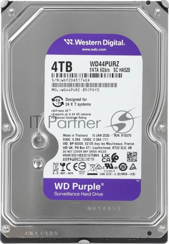 Жесткий диск Western Digital 4TB 5400 Purple Pro Surveillance, Cache 128MB
