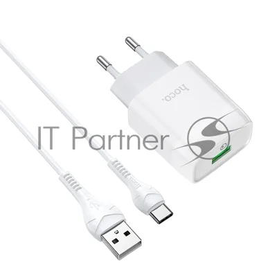 Зарядное устройство Hoco 18Вт, 3А, QC3.0, 1xUSB + кабель USB/Type-C, C72Q, белый, блистер