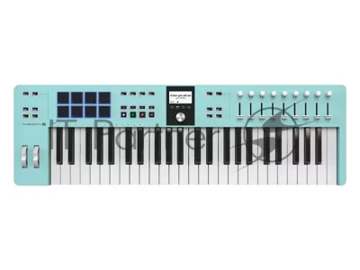 Клавиатура MIDI 231524 Arturia KeyLab Essential 49 mk3 Aquamarine 49 клавиш, LCD дисплей, 9 энкодеров, 8 пэдов, 9 фейдеров, 12 кнопок управления, колеса высоты тона и модуляции, 1/4" Jack вход для педали, MIDI выход, Type-C