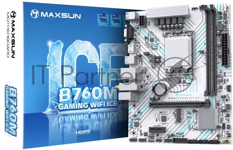 Материнская плата Maxsun B760M GAMING WIFI ICE, LGA 1700, Intel B760, 2xDDR4, 3xSATA, 1xM.2, 1xPCIe 4.0 x16, 1xPCIe x1, 1xVGA, 1xHDMI, 1x1Gb LAN, Wi-Fi 5, Bluetooth 4.2, 2xUSB-A 5Gbps, 4xUSB-A 2.0, 3x3.5 мм, 7.1, белый, mATX