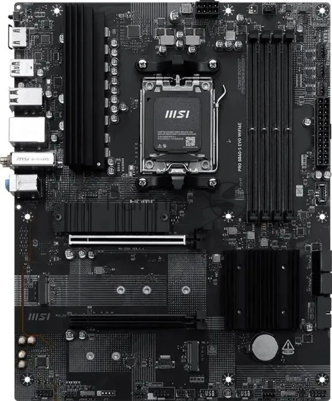 Материнская плата MSI PRO B840-S EVO WIFI6E, AM5, AMD B840, 4xDDR5 (до 256 ГБ), 4xSATA, 3xM.2 (PCIe 4.0/3.0), 1xPCIe 4.0 x16, 1xPCIe 3.0 x16, 1xHDMI, 1x2.5Gb LAN, Wi-Fi 6E, Bluetooth 5.3, 1xUSB-C 10Gbps, 1xUSB-A 10Gbps, 2xUSB-A 5Gbps, 4xUSB-A 2.0, 3x3.5 мм, 7.1, чёрный, ATX