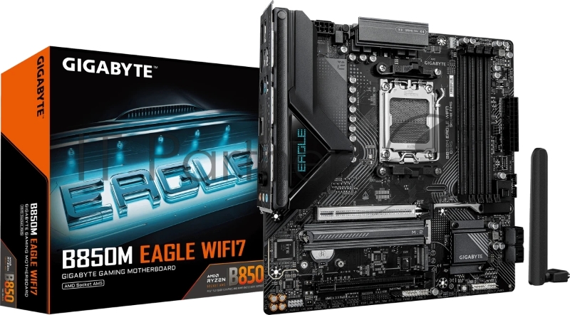 Материнская плата Gigabyte B850M EAGLE WIFI7, AM5, AMD B850, 4xDDR5, 4xSATA, 2xM.2, 1xPCIe 5.0 x16, 1xPCIe 3.0 x16, 1xHDMI, 2xDP, 1x2.5Gb LAN, Wi-Fi 7, Bluetooth 5.4, 1xUSB-C 10Gbps, 1xUSB-A 10Gbps, 2xUSB-A 5Gbps, 4xUSB-A 2.0, 1xPS/2, 3x3.5 мм, 7.1, mATX