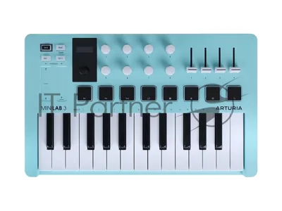 MIDI клавиатура 231599 Arturia MiniLAB 3 Aquamarine 25 клавиш, 8 энкодеров, 8 RGB пэдов, 8 фейдеров, дисплей, сенсорные регуляторы Pitch/Modulation, MIDI-выход, 1/4" Jack вход педали, режим Chord, арпеджиатор, USB-C
