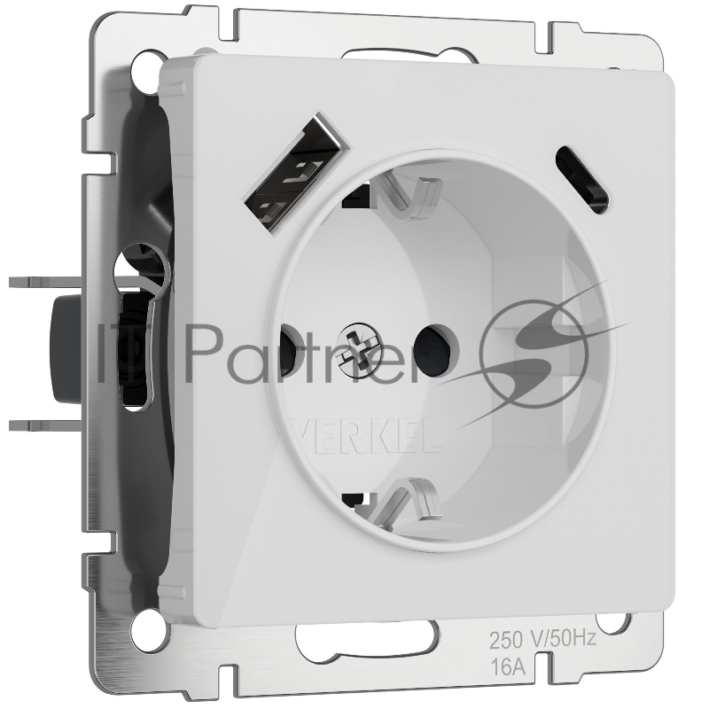 Розетка с заземлением, шторками и USB тип A+C (белый акрил)