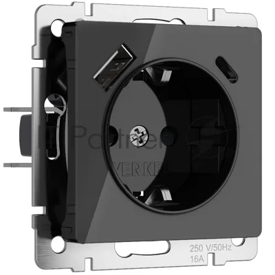 Розетка с заземлением, шторками и USB тип A+C (черный акрил)