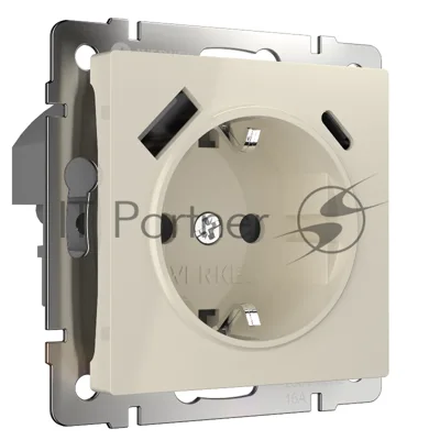 Розетка с заземлением, шторками и USB тип A+C (слоновая кость)