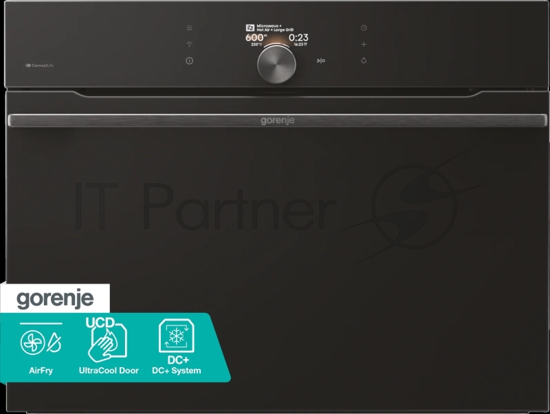 Духовой шкаф Gorenje BCM4058B, компактный, функция СВЧ, 50 л, макс. температура 275 градусов, электронное управление, дисплей, Wi-Fi, MultiFlow 360, AirFry, динамическая система охлаждения DC+, быстрый нагрев, цвет черный