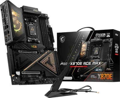 Материнская плата MSI MEG X870E ACE MAX, AM5, AMD X870E, 4xDDR5 (до 256 ГБ), 4xSATA, 5xM.2 (2xPCIe 5.0, 3xPCIe 4.0), 2xPCIe 5.0 x16, 1xPCIe x4, 1xHDMI, 1x5Gb LAN, 1x10Gb LAN, Wi-Fi 7, Bluetooth 5.4, 2xUSB-C 40Gbps (USB4), 2xUSB-C 20Gbps, 2xUSB-A 10Gbps, 7xUSB-A 5Gbps, 3x3.5 мм + S/PDIF оптический, 7.1, чёрный, с подсветкой, ATX