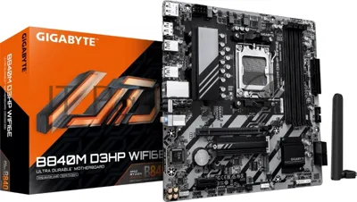 Материнская плата Gigabyte B840M D3HP WIFI6E, AM5, AMD B840, 4xDDR5, 4xSATA, 2xM.2, 1xPCIe 4.0 x16, 1xPCIe x1, 1xHDMI, 2xDP, 1x1Gb LAN, Wi-Fi 6E, Bluetooth 5.3, 1xUSB-C 5Gbps, 1xUSB-A 10Gbps, 3xUSB-A 5Gbps, 2xUSB-A 2.0, 1xPS/2, 3x3.5 мм, 7.1, mATX