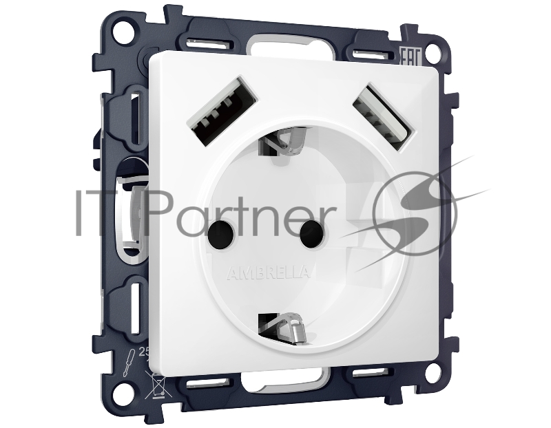 Комплект механизма электрической розетки ALFA Белый глянец 2USB A+A 18W (быстрая зарядка) с/з QUANT (AP1090, VM155) MA109010