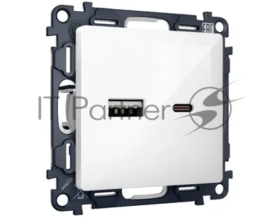 Комплект механизма розетки ALFA Белый глянец 2USB A+C 20W (быстрая зарядка) QUANT MA111010