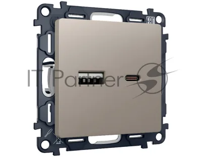 Комплект механизма розетки ALFA Серо-бежевый матовый 2USB A+C 20W (быстрая зарядка) QUANT (AP3710, VM177) MA371010