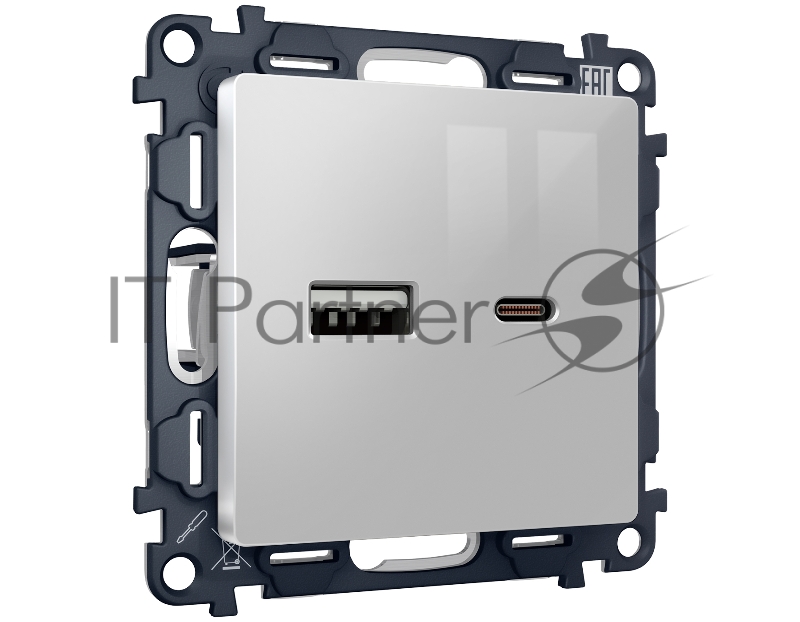 Комплект механизма розетки ALFA Серебро глянец 2USB A+C 20W (быстрая зарядка) QUANT (AP4110, VM177) MA411010