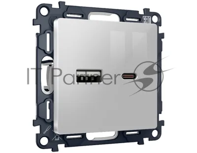Комплект механизма розетки ALFA Серебро глянец 2USB A+C 20W (быстрая зарядка) QUANT (AP4110, VM177) MA411010