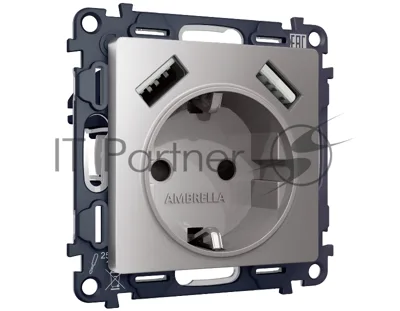 Комплект механизма электрической розетки ALFA Сталь матовый 2USB A+A 18W (быстрая зарядка) с/з QUANT (AP5090, VM155) MA509010