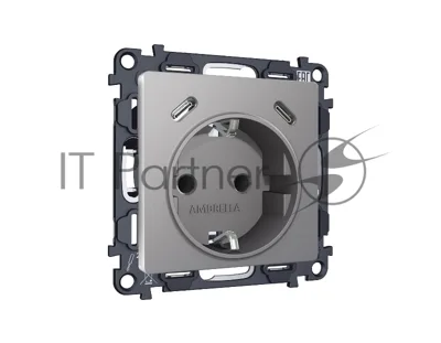 Комплект механизма электрической розетки 2USB С+C 20W с/з на винтовых зажимах 16A-250V ALFA Сталь матовый QUANT (AP5105, VM165) MA510510