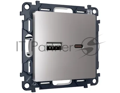Комплект механизма розетки ALFA Сталь матовый 2USB A+C 20W (быстрая зарядка) QUANT (AP5110, VM177) MA511010