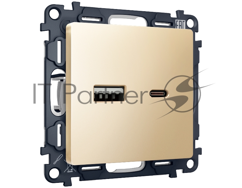 Комплект механизма розетки ALFA Шампань 2USB A+C 20W (быстрая зарядка) QUANT (AP6110, VM177) MA611010