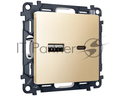 Комплект механизма розетки ALFA Шампань 2USB A+C 20W (быстрая зарядка) QUANT (AP6110, VM177) MA611010