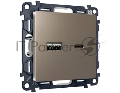 Комплект механизма розетки ALFA Темная бронза матовый 2USB A+C 20W (быстрая зарядка) QUANT (AP6410, VM177) MA641010