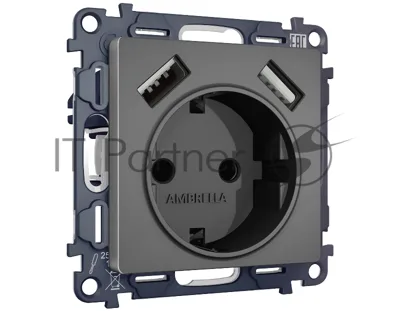 Комплект механизма электрической розетки ALFA Антрацит серый 2USB A+A 18W (быстрая зарядка) с/з QUANT (AP6590, VM155) MA659010