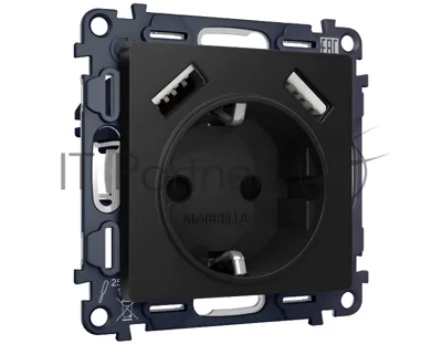Комплект механизма электрической розетки ALFA Черный матовый 2USB A+A 18W (быстрая зарядка) с/з QUANT (AP8090, VM155) MA809010