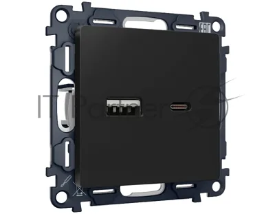 Комплект механизма розетки ALFA Черный матовый 2USB A+C 20W (быстрая зарядка) QUANT (AP8110, VM177) MA811010