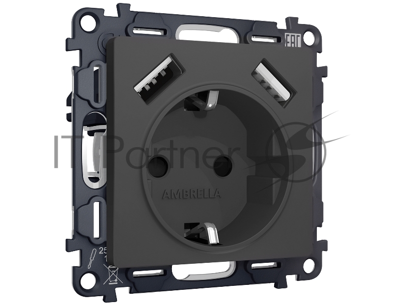 Комплект механизма электрической розетки ALFA Графит мягкое касание 2USB A+A 18W (быстрая зарядка) с/з QUANT (AP9090, VM155) MA909010