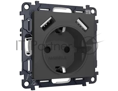 Комплект механизма электрической розетки ALFA Графит мягкое касание 2USB A+A 18W (быстрая зарядка) с/з QUANT (AP9090, VM155) MA909010