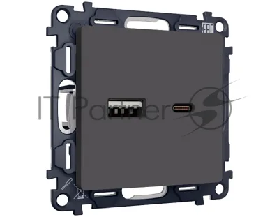Комплект механизма розетки ALFA Графит мягкое касание 2USB A+C 20W (быстрая зарядка) QUANT (AP9110, VM177) MA911010