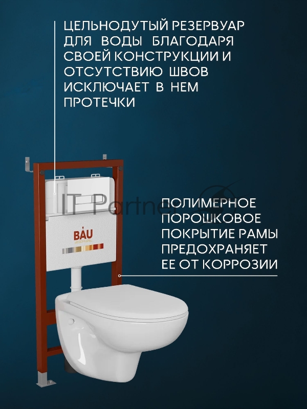 Комплект BAU 6 в 1: инсталляция BAU PRO, унитаз подвесной безободковый Bau Novo, быстросъемное сиденье микролифт, клавиша белая/вставка хром