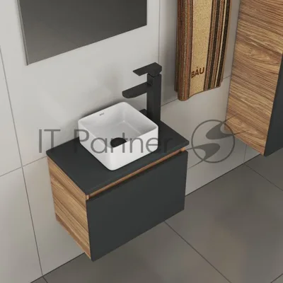 Комплект для ванной, 4 предмета (тумба Bau 50, графит + раковина BAU Hotel mini 24х24 + смеситель Hotel Black, выпуск клик-клак, черный)