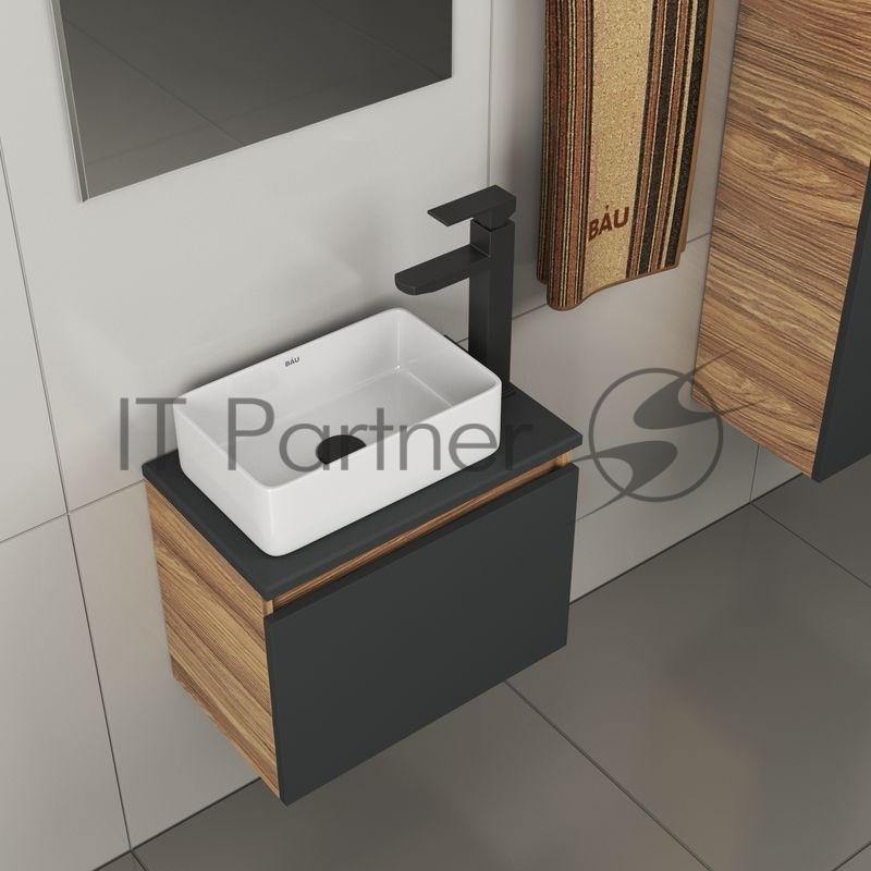 Комплект для ванной, 4 предмета (тумба Bau 50, графит + раковина BAU Hotel mini 37х23 + смеситель Hotel Black, выпуск клик-клак, черный)