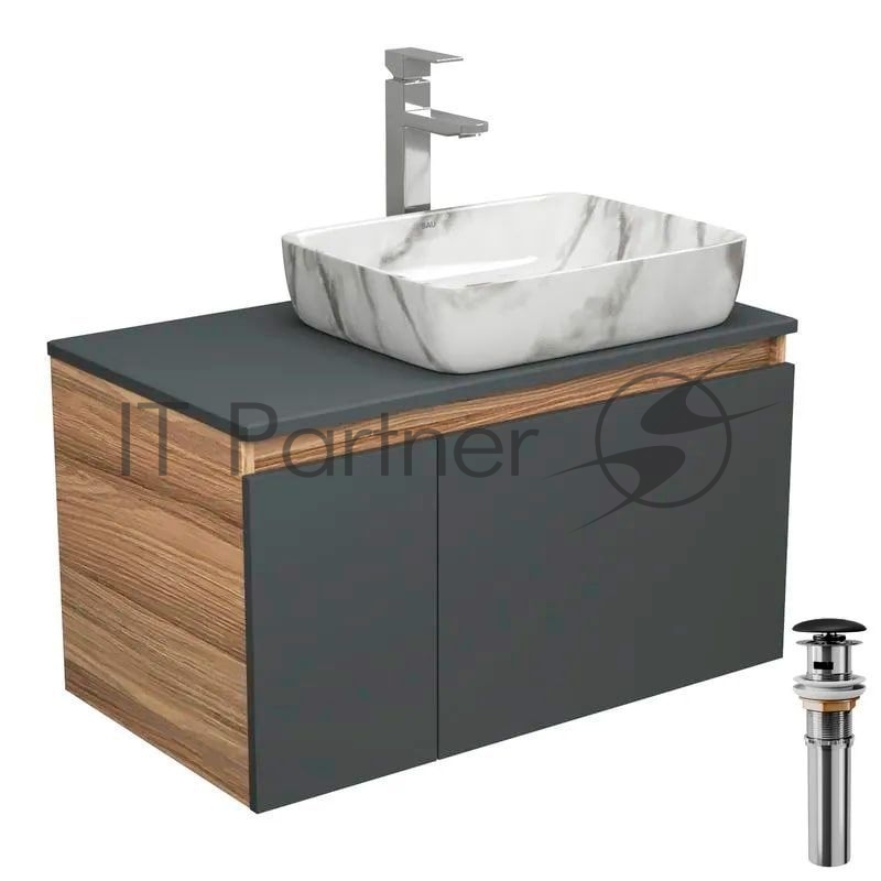 Комплект для ванной, 4 предмета (тумба Bau 80, графит + раковина BAU Hotel 51х39 + смеситель Hotel Still, выпуск клик-клак, черный)
