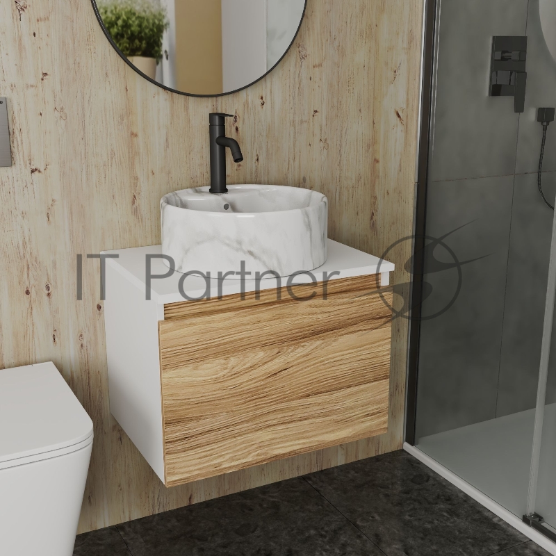 Комплект: тумба Bau Dream Blackwood 60, 1 ящик, Раковина круглая накладная BAU Element D41, мрамор, смеситель Hotel Dream Black, черный матовый