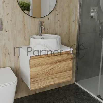 Комплект: тумба Bau Dream Blackwood 60, 1 ящик, Раковина круглая накладная BAU Element D41, мрамор, смеситель Hotel Dream, нерж сталь