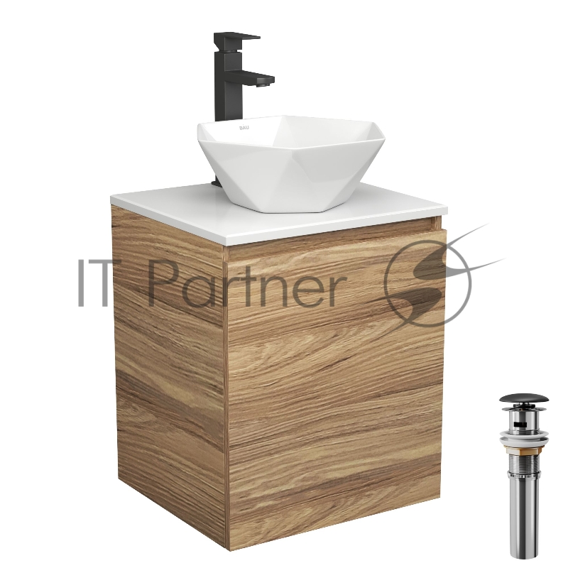 Тумба Bau Dream Blackwood 50 с дверцей, раковина BAU Crystal 40х40, смеситель для раковины высокий Hotel Black, черный, выпуск клик клак, черный