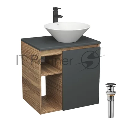 Тумба Bau Dream Blackwood 60 правая, графит, раковина BAU Dream D43, смеситель для раковины высокий Hotel Black, черный, выпуск клик клак, черный