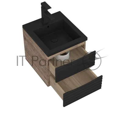Тумба под раковину Bau Stil Loft black brushed, раковина кварцевая BAU Stil 40, черный металлик, смеситель Hotel Black, черный